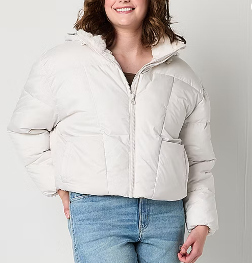 Arizona Heavyweight Womens Juniors Puffer Jacket in White Sand, Sz XL -- NWT